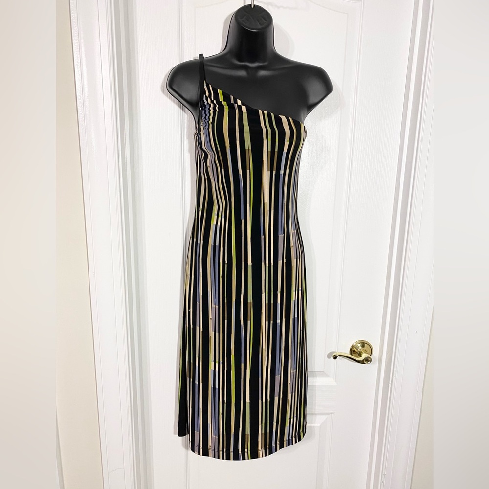 Y2K BCBGMaxAzria USA MADE Black Patent Strap One Shoulder Knit Dress Vintage S